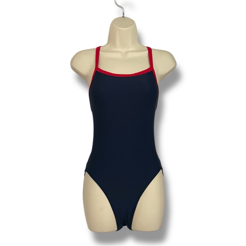 Club Swim Classic Navy One-Piece Swimsuit with Red Trim and Speedo Cap Size 34